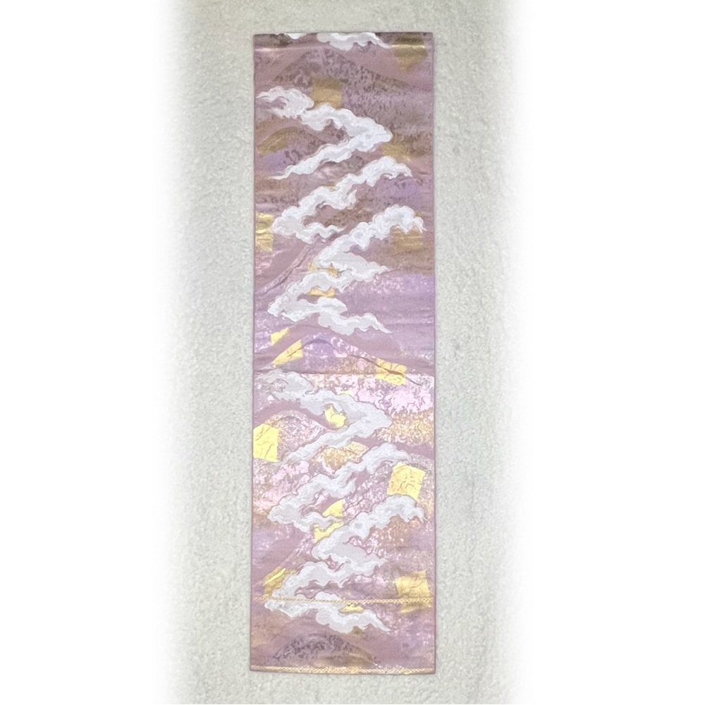 Vintage Japanese Obi Pink Silk Mountain & Clouds Landscape